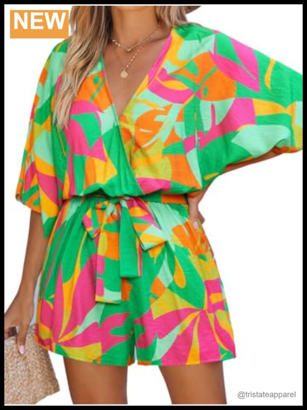 Women V Neck Tropical Mini Romper Wide Leg Half Dolman Sleeve Belted